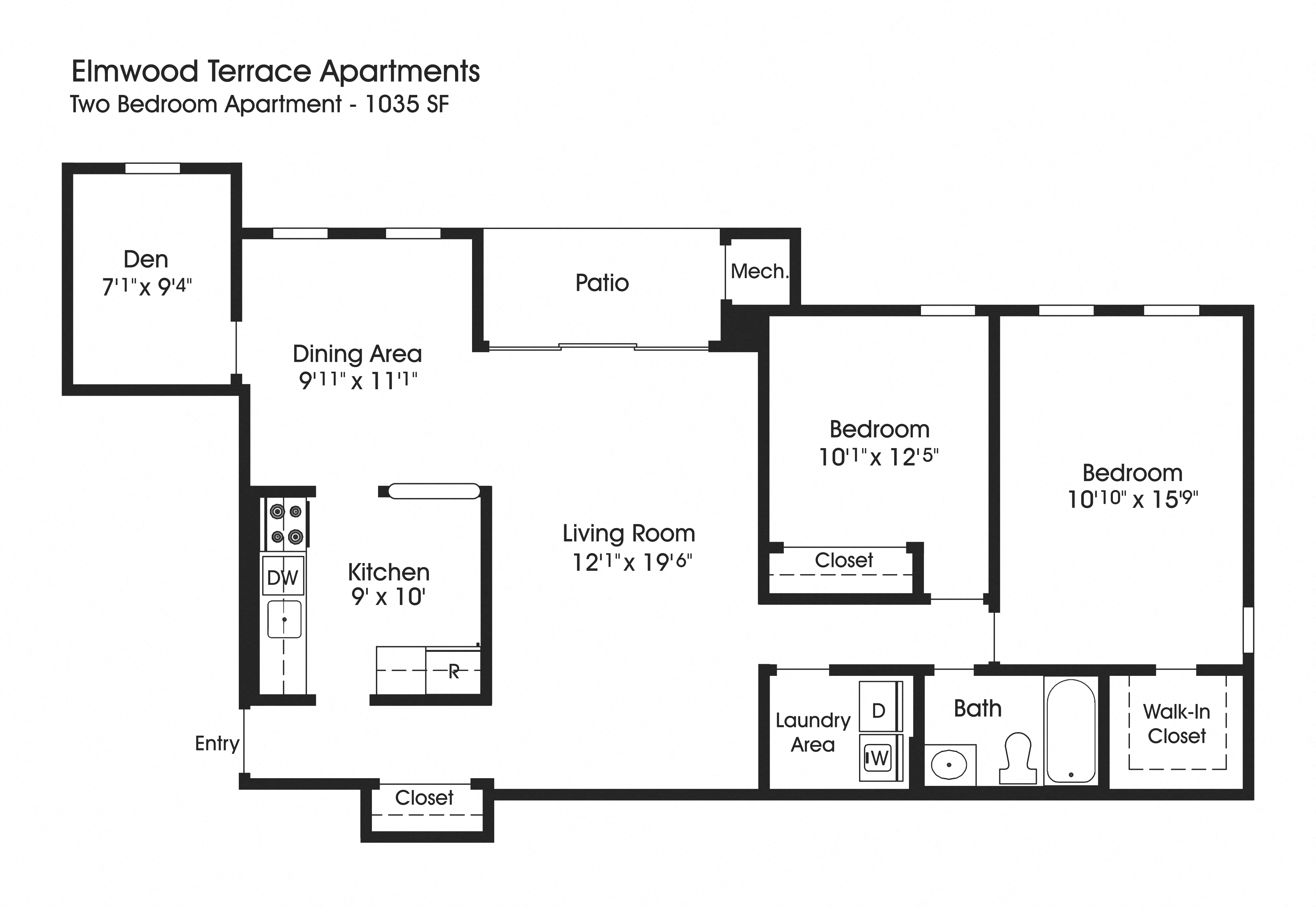 Floor plan for 2 beds, 1 bath, 1035 sqft